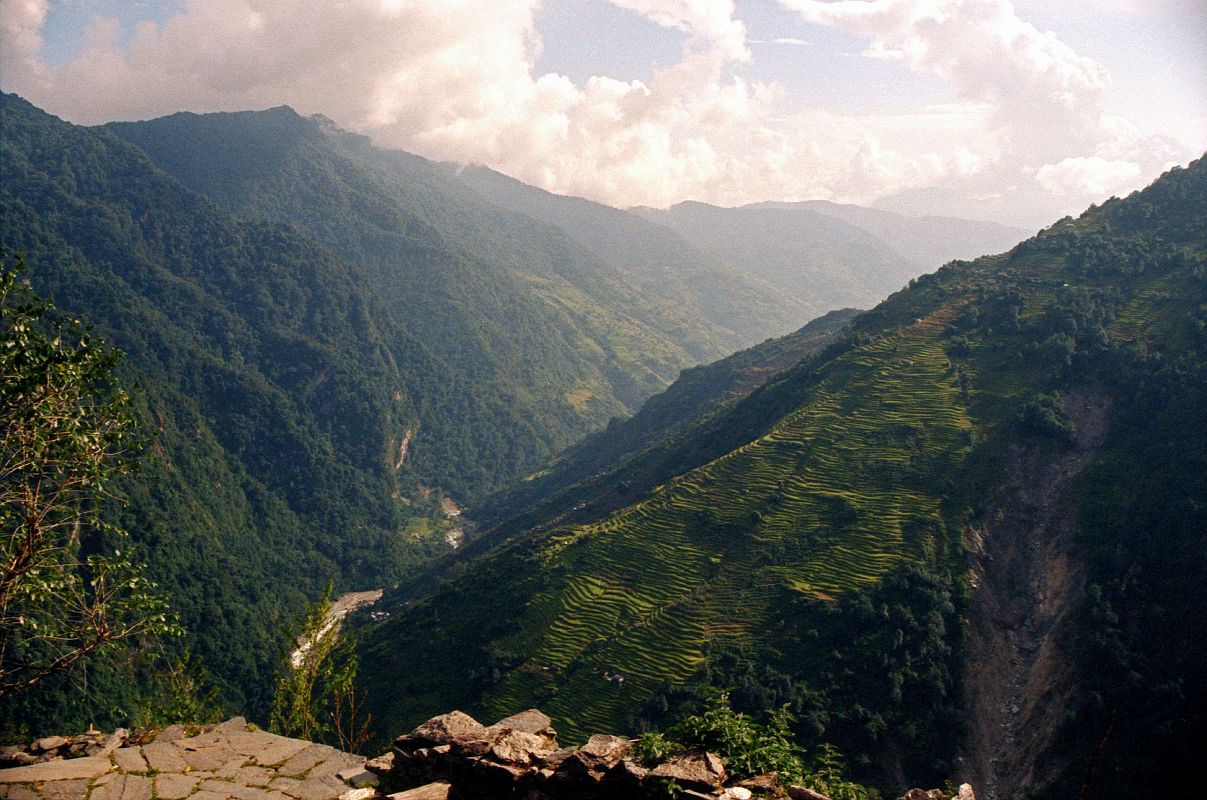 504 Looking Down Modi Khola Valley From Chomrong With New Bridge In Lower Left